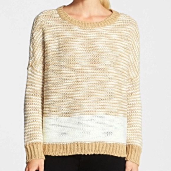 Nordstrom Trouvé Tan Stripe Reverse Stitch Wool Sweater S - Picture 2 of 3